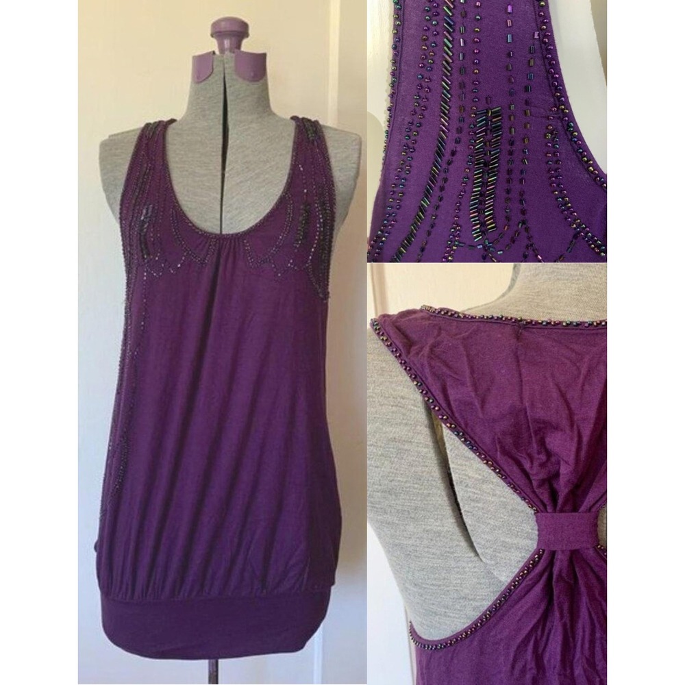 Marineblu Purple Beaded Racerback T-Back Blouson Tank Top Medium